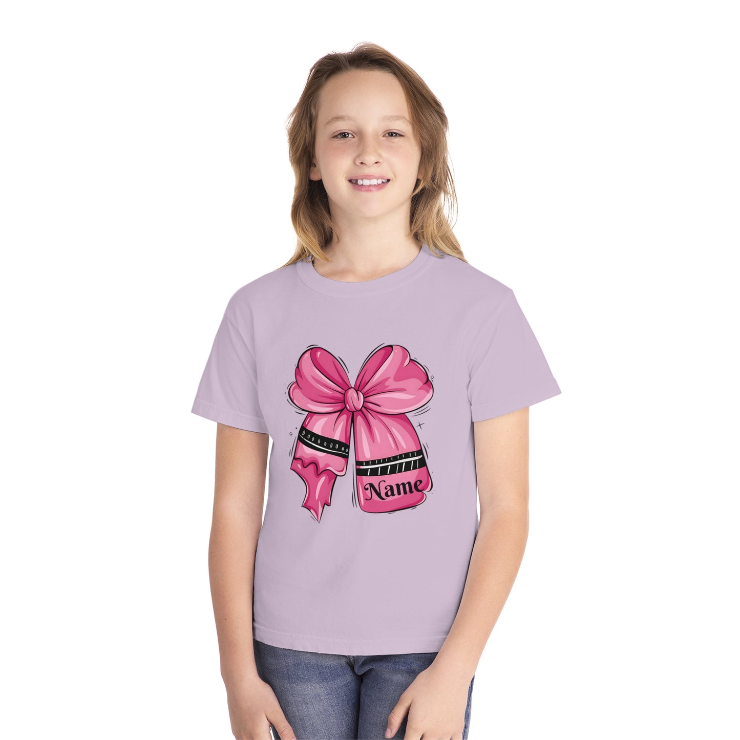 Personalized Youth Midweight Tee with Cute Pink Bow Design, Ideal Birthday Gift, Custom Name Shirt for Kids, Casual Wear, Gift for Girls