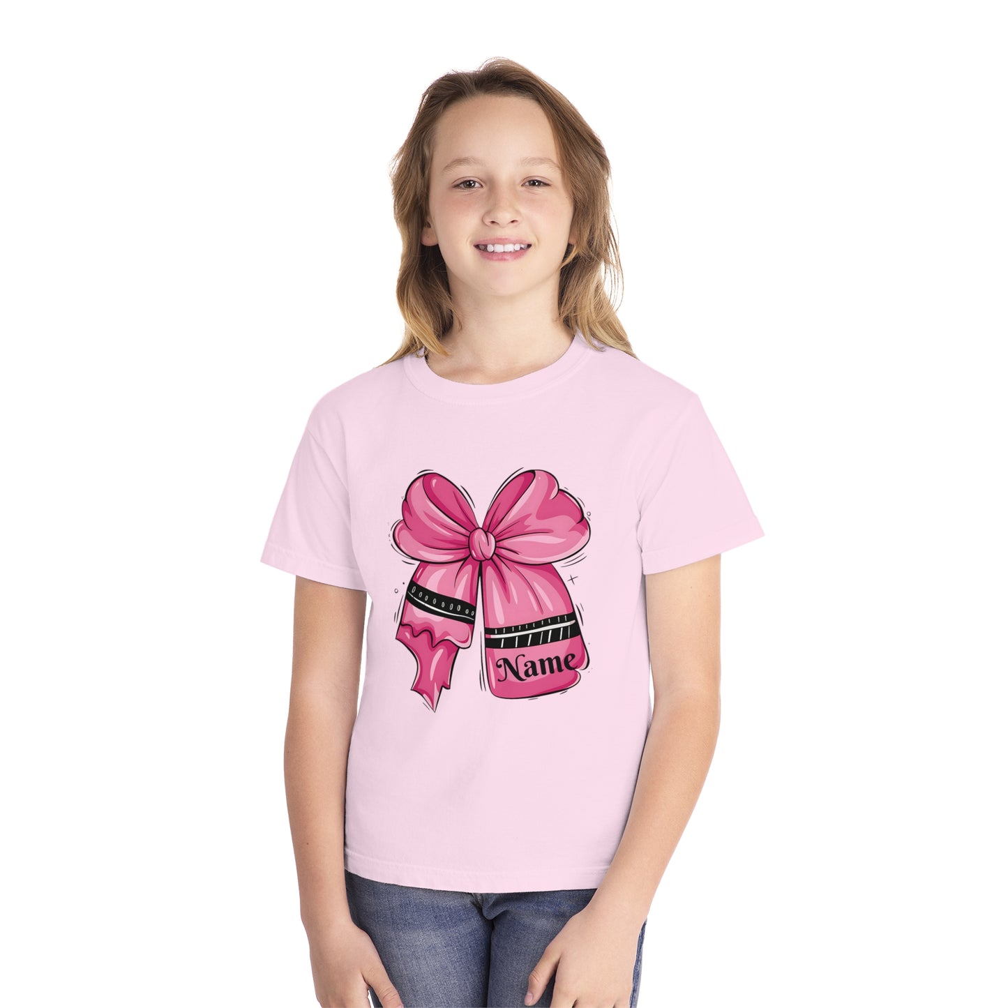 Personalized Youth Midweight Tee with Cute Pink Bow Design, Ideal Birthday Gift, Custom Name Shirt for Kids, Casual Wear, Gift for Girls