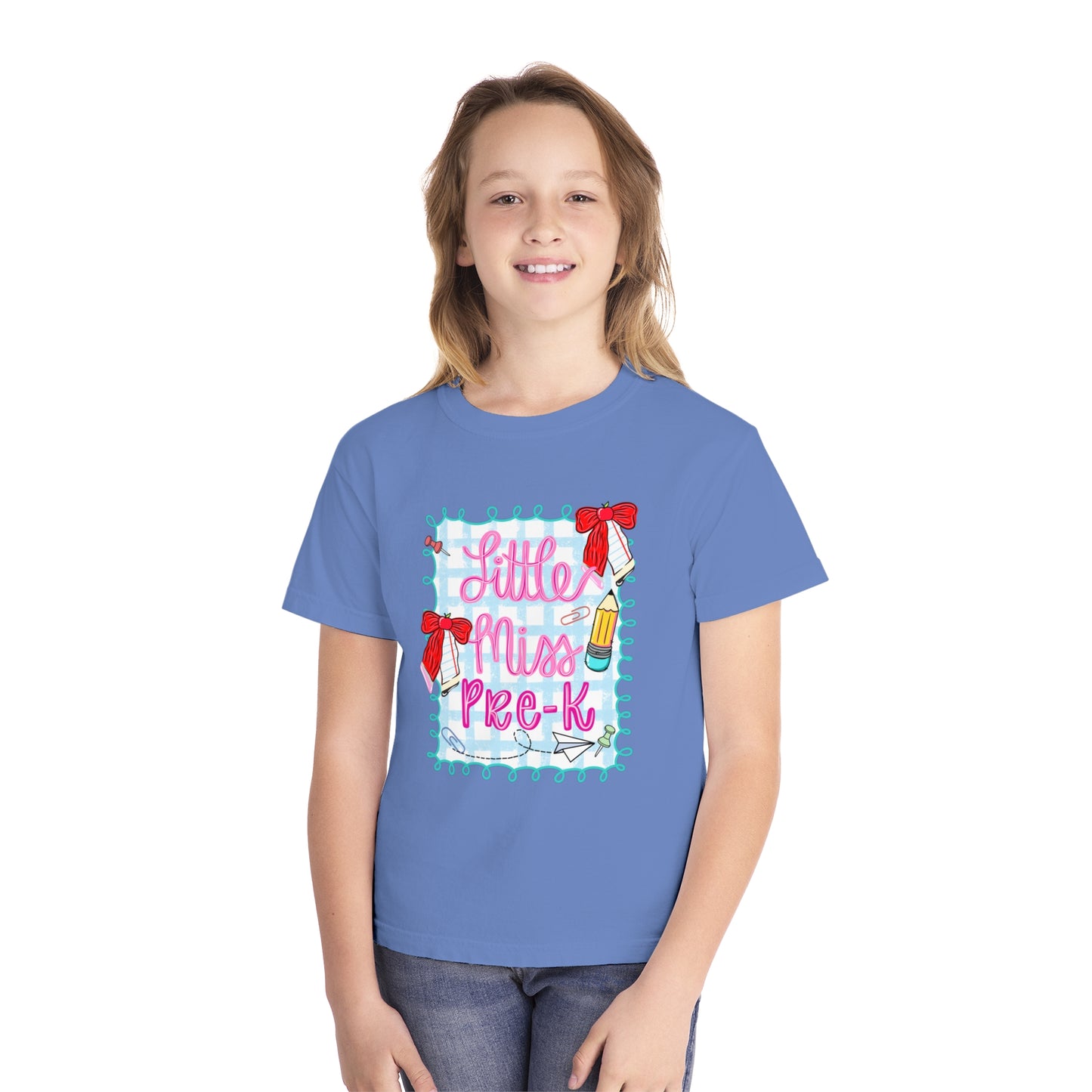 Little Miss Pre-K Youth Midweight Tee, Fun Kids T-Shirt, Preschool Shirt, Cute Back-to-School Top, Birthday Gift for Girls