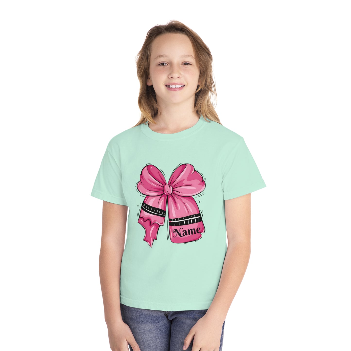 Personalized Youth Midweight Tee with Cute Pink Bow Design, Ideal Birthday Gift, Custom Name Shirt for Kids, Casual Wear, Gift for Girls