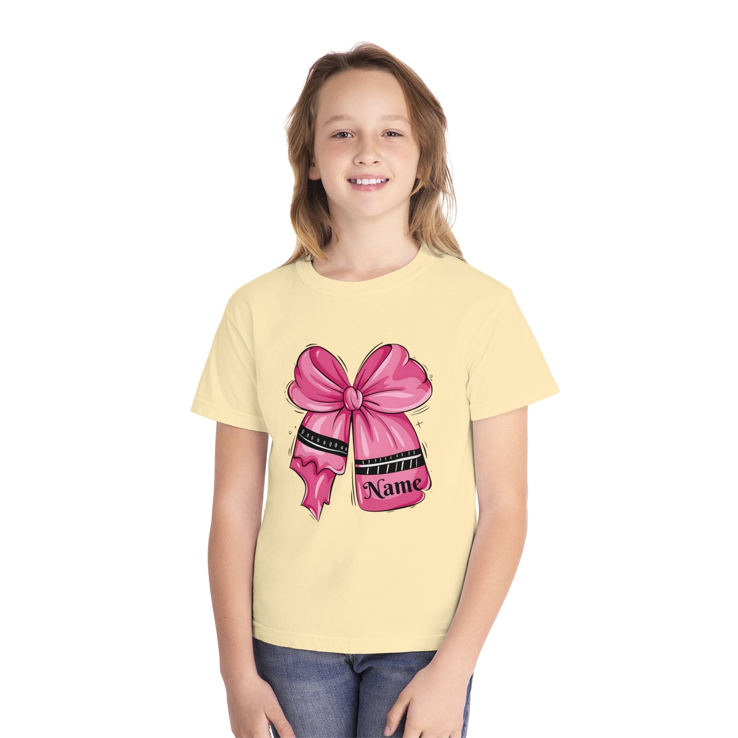 Personalized Youth Midweight Tee with Cute Pink Bow Design, Ideal Birthday Gift, Custom Name Shirt for Kids, Casual Wear, Gift for Girls