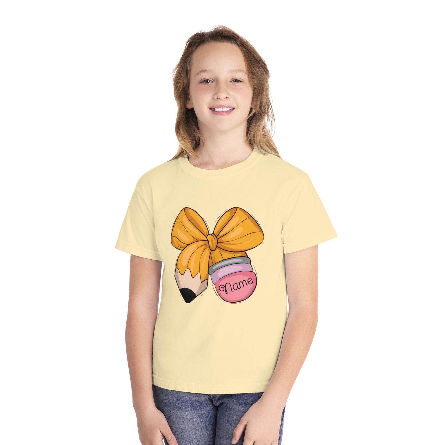 Customized Personalized Kids' Tee with Bow and Pencil Design, Cute Youth T-Shirt for School, Back to School Gift, Classroom Wear, Customizable [...]