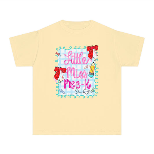 Little Miss Pre-K Youth Midweight Tee, Fun Kids T-Shirt, Preschool Shirt, Cute Back-to-School Top, Birthday Gift for Girls