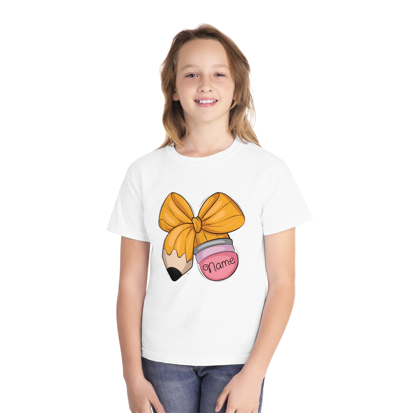 Customized Personalized Kids' Tee with Bow and Pencil Design, Cute Youth T-Shirt for School, Back to School Gift, Classroom Wear, Customizable [...]