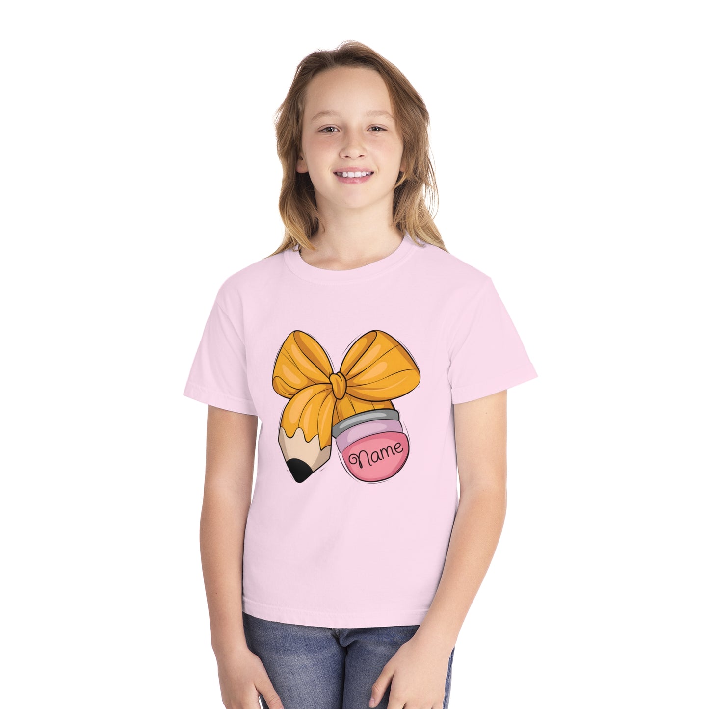 Customized Personalized Kids' Tee with Bow and Pencil Design, Cute Youth T-Shirt for School, Back to School Gift, Classroom Wear, Customizable [...]