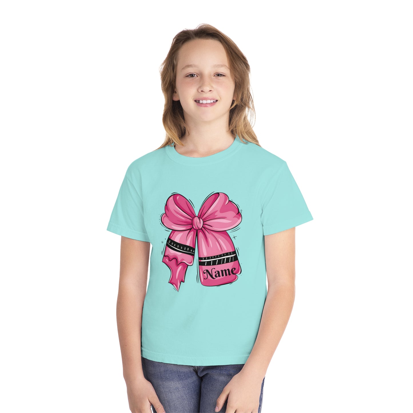 Personalized Youth Midweight Tee with Cute Pink Bow Design, Ideal Birthday Gift, Custom Name Shirt for Kids, Casual Wear, Gift for Girls