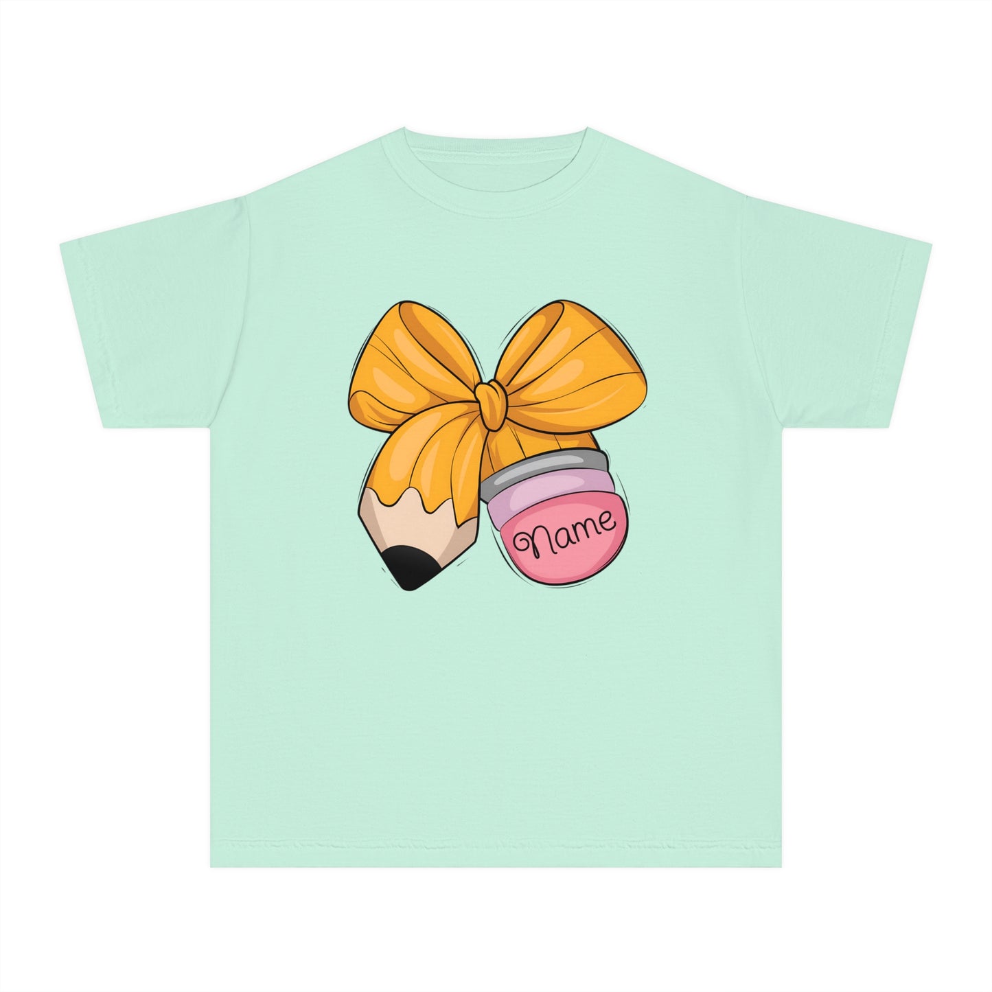 Customized Personalized Kids' Tee with Bow and Pencil Design, Cute Youth T-Shirt for School, Back to School Gift, Classroom Wear, Customizable [...]