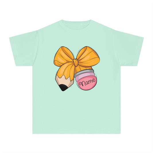 Customized Personalized Kids' Tee with Bow and Pencil Design, Cute Youth T-Shirt for School, Back to School Gift, Classroom Wear, Customizable [...]