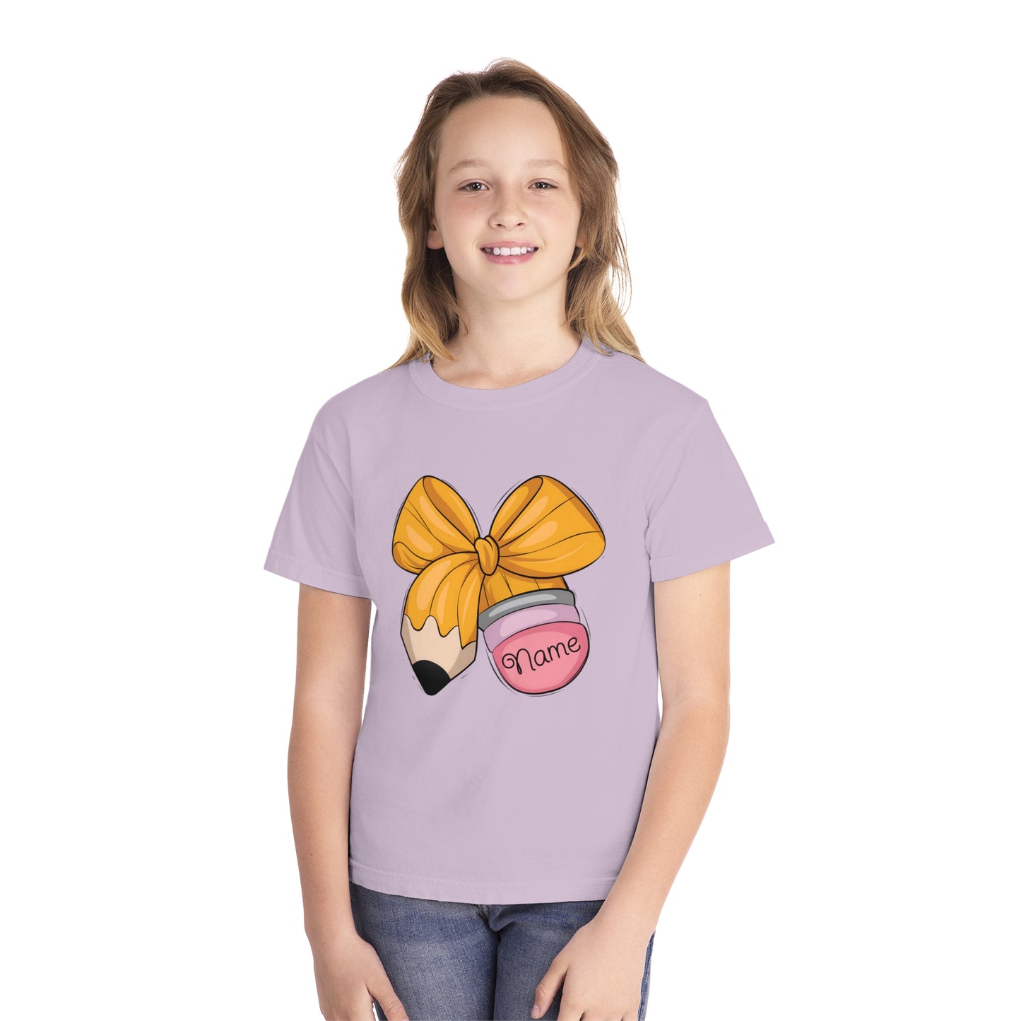 Customized Personalized Kids' Tee with Bow and Pencil Design, Cute Youth T-Shirt for School, Back to School Gift, Classroom Wear, Customizable [...]