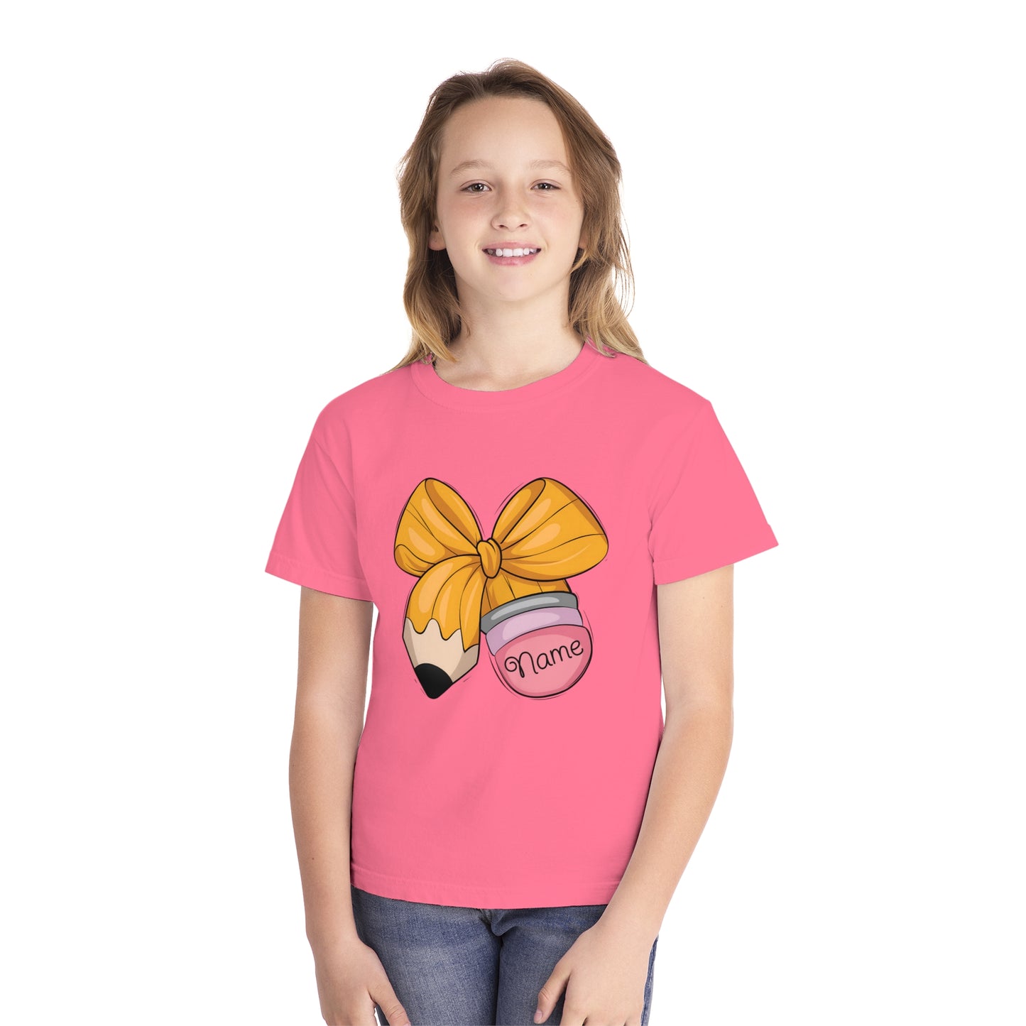 Customized Personalized Kids' Tee with Bow and Pencil Design, Cute Youth T-Shirt for School, Back to School Gift, Classroom Wear, Customizable [...]