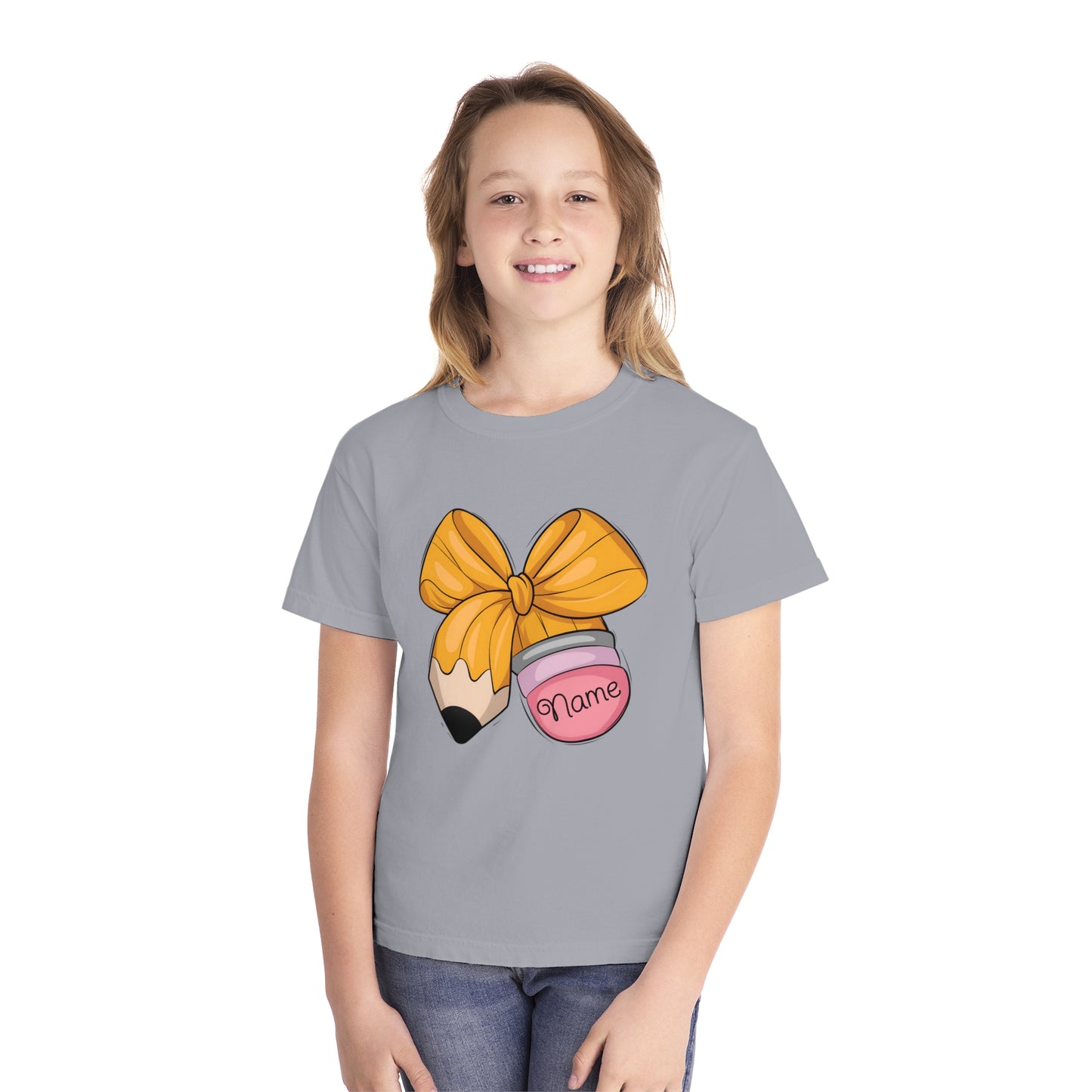 Customized Personalized Kids' Tee with Bow and Pencil Design, Cute Youth T-Shirt for School, Back to School Gift, Classroom Wear, Customizable [...]