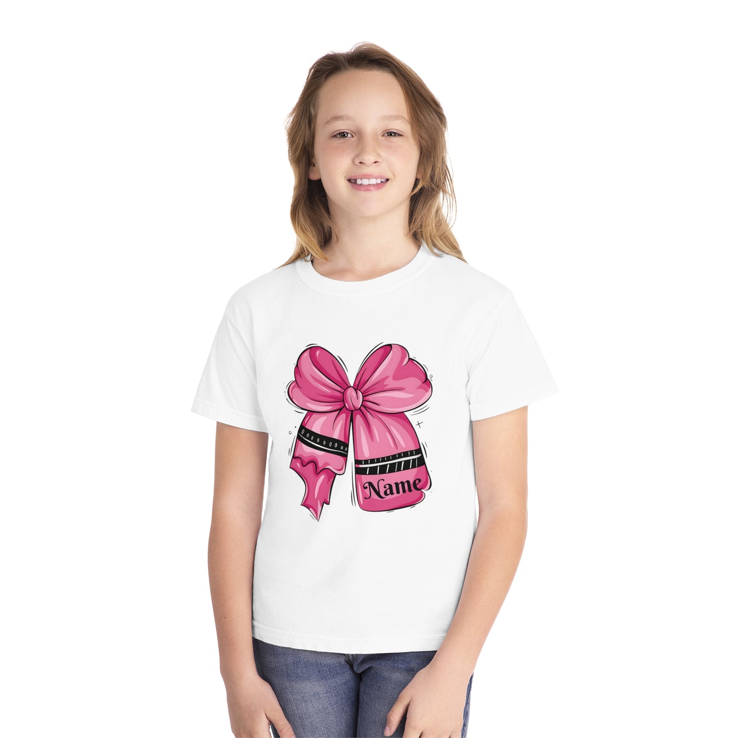 Personalized Youth Midweight Tee with Cute Pink Bow Design, Ideal Birthday Gift, Custom Name Shirt for Kids, Casual Wear, Gift for Girls