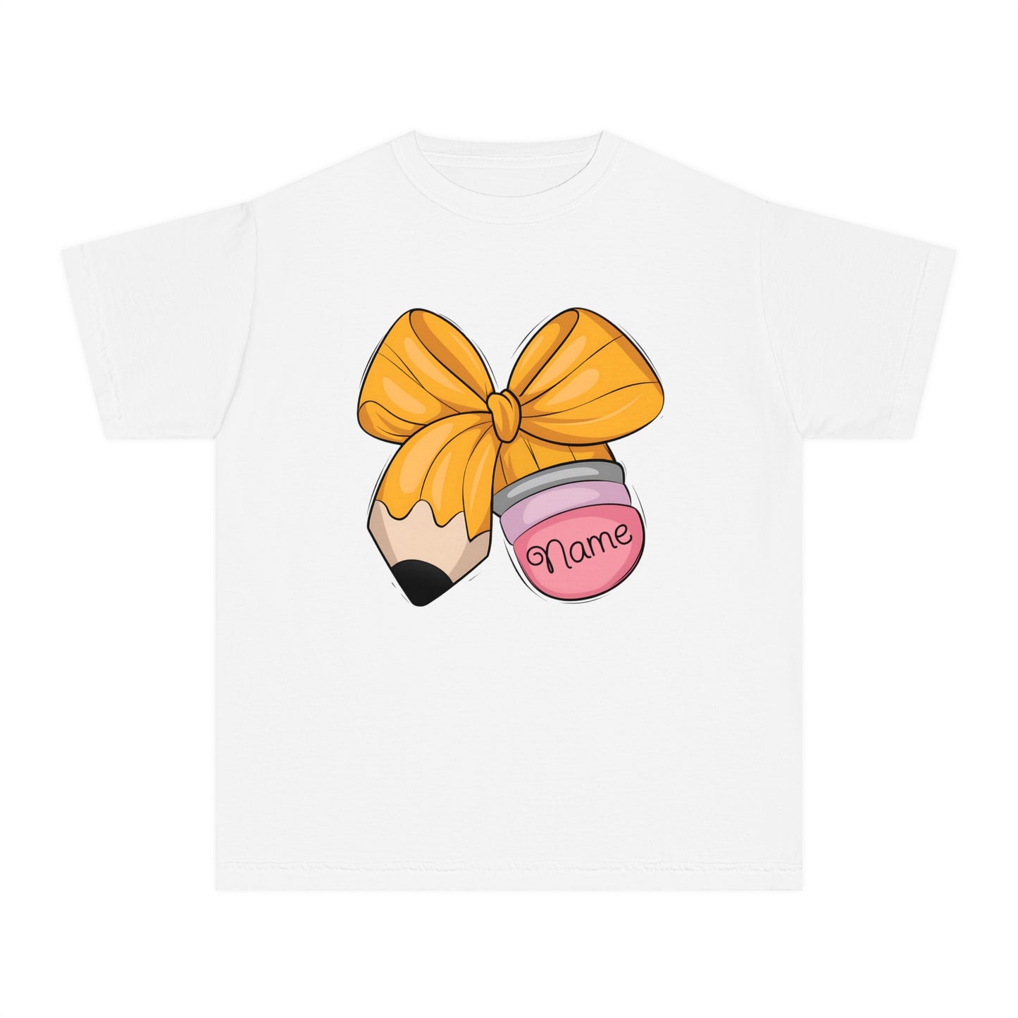 Customized Personalized Kids' Tee with Bow and Pencil Design, Cute Youth T-Shirt for School, Back to School Gift, Classroom Wear, Customizable [...]