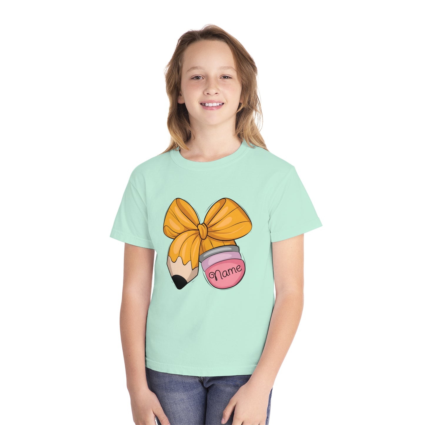 Customized Personalized Kids' Tee with Bow and Pencil Design, Cute Youth T-Shirt for School, Back to School Gift, Classroom Wear, Customizable [...]